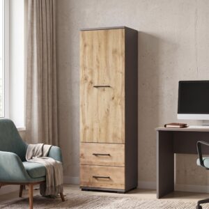 Armoire FAUSKE - 2 Tiroirs - Chêne - Gris - Largeur 40 cm, Hauteur 130 cm, Profondeur 36 cm