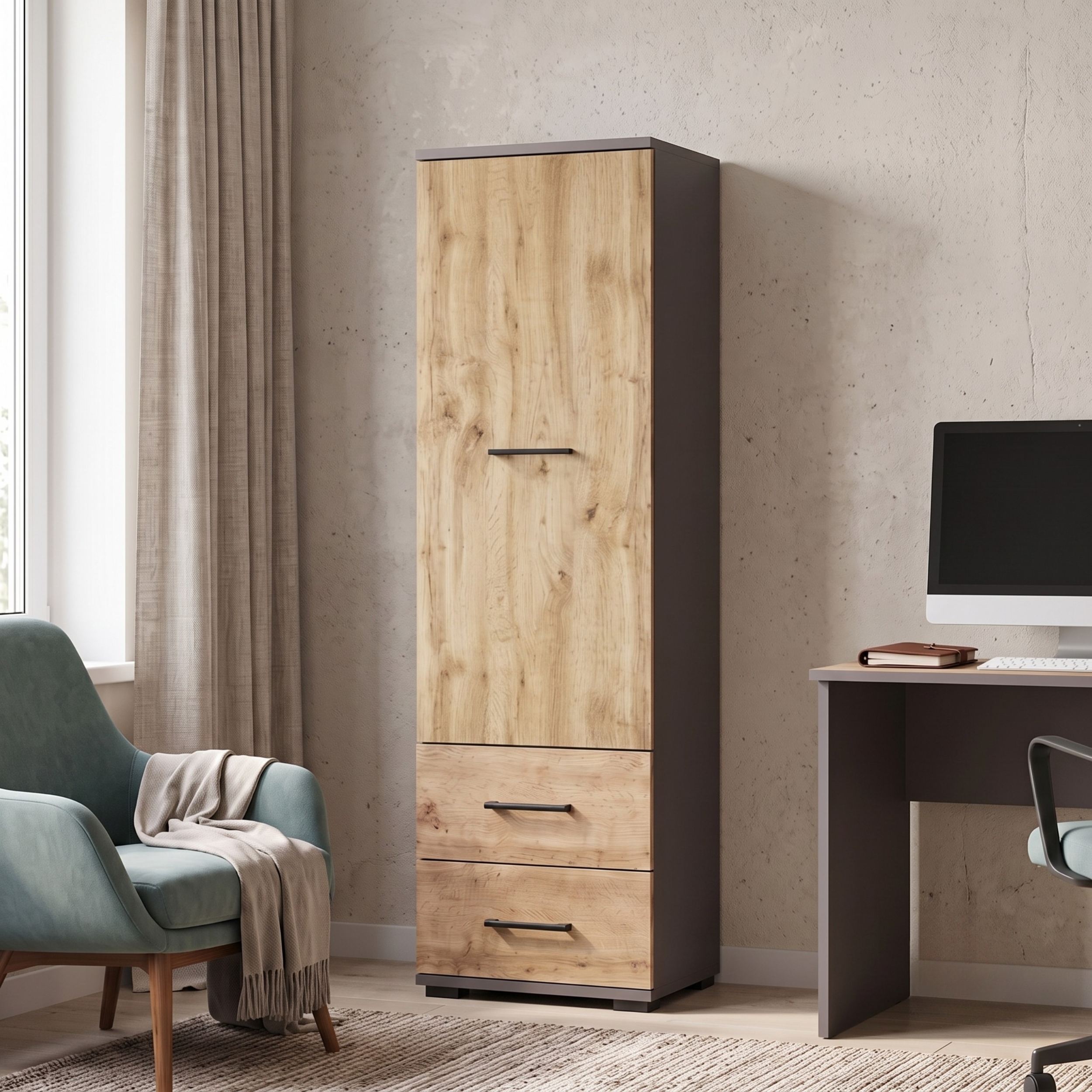 XMEBSKRSZFMC00101202_01-1.jpg Armoire FAUSKE - 2 Tiroirs - Chêne - Gris - Largeur 40 cm, Hauteur 130 cm, Profondeur 36 cm – Image 1