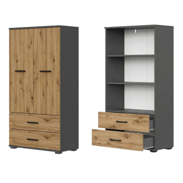 Armoire FAUSKE - 2 Tiroirs - Chêne - Grise - Largeur 69 cm, Hauteur 130 cm, Profondeur 36 cm – Image 2
