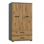 Armoire FAUSKE - 2 Tiroirs - Chêne - Grise - Largeur 69 cm, Hauteur 130 cm, Profondeur 36 cm