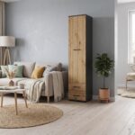 Armoire FAUSKE - 2 Tiroirs - Chêne - Gris - Largeur 40 cm, Hauteur 180 cm, Profondeur 36 cm
