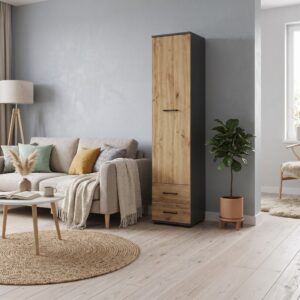 Armoire FAUSKE - 2 Tiroirs - Chêne - Gris - Largeur 40 cm, Hauteur 180 cm, Profondeur 36 cm