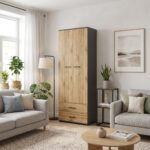 Armoire FAUSKE - 2 Tiroirs - Chêne - Gris - Largeur 69 cm, Hauteur 180 cm, Profondeur 36 cm