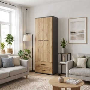 Armoire FAUSKE - 2 Tiroirs - Chêne - Gris - Largeur 69 cm, Hauteur 180 cm, Profondeur 36 cm