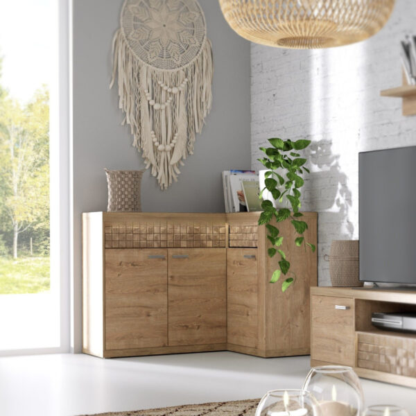 Commode d’angle BALESTRAND – Chêne – Tiroirs – Façade décorative – 132 × 99 × 41 cm – Image 2