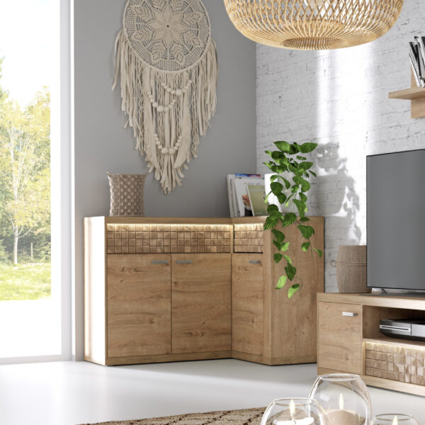 Commode d’angle BALESTRAND – Chêne – Tiroirs – Façade décorative – Plateau éclairé – 132 × 99 × 41 cm – Image 2