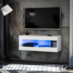 Meuble TV, Tivoli RTV2, Blanc/Blanc, Largeur 100cm x Hauteur 36cm x Profondeur 35cm, LED Bleu, pour Salon, Chambre à coucher