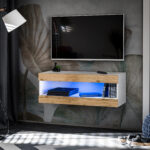 Meuble TV, Tivoli RTV2, Blanc/Wotan, Largeur 100cm x Hauteur 36cm x Profondeur 35cm, LED Bleu, pour Salon, Chambre