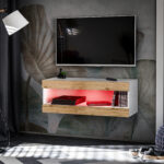 Meuble TV, Tivoli RTV2, Blanc/Wotan, Largeur 100 cm x Hauteur 36 cm x Profondeur 35 cm, LED RGB, pour le Salon, Chambre