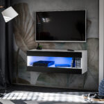 Meuble TV, Tivoli RTV2, Blanc/Noir, Largeur 100 cm x Hauteur 36 cm x Profondeur 35 cm, LED Bleue, pour Salon, Chambre