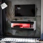 Meuble TV, Tivoli RTV2, Blanc/Noir, Largeur 100cm x Hauteur 36cm x Profondeur 35cm, LED RGB, pour Salon, Chambre