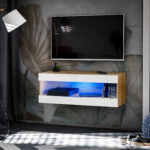Meuble TV, Tivoli RTV2, Wotan/Blanc, Largeur 100cm x Hauteur 36cm x Profondeur 35cm, LED Bleus, pour Salon, Chambre