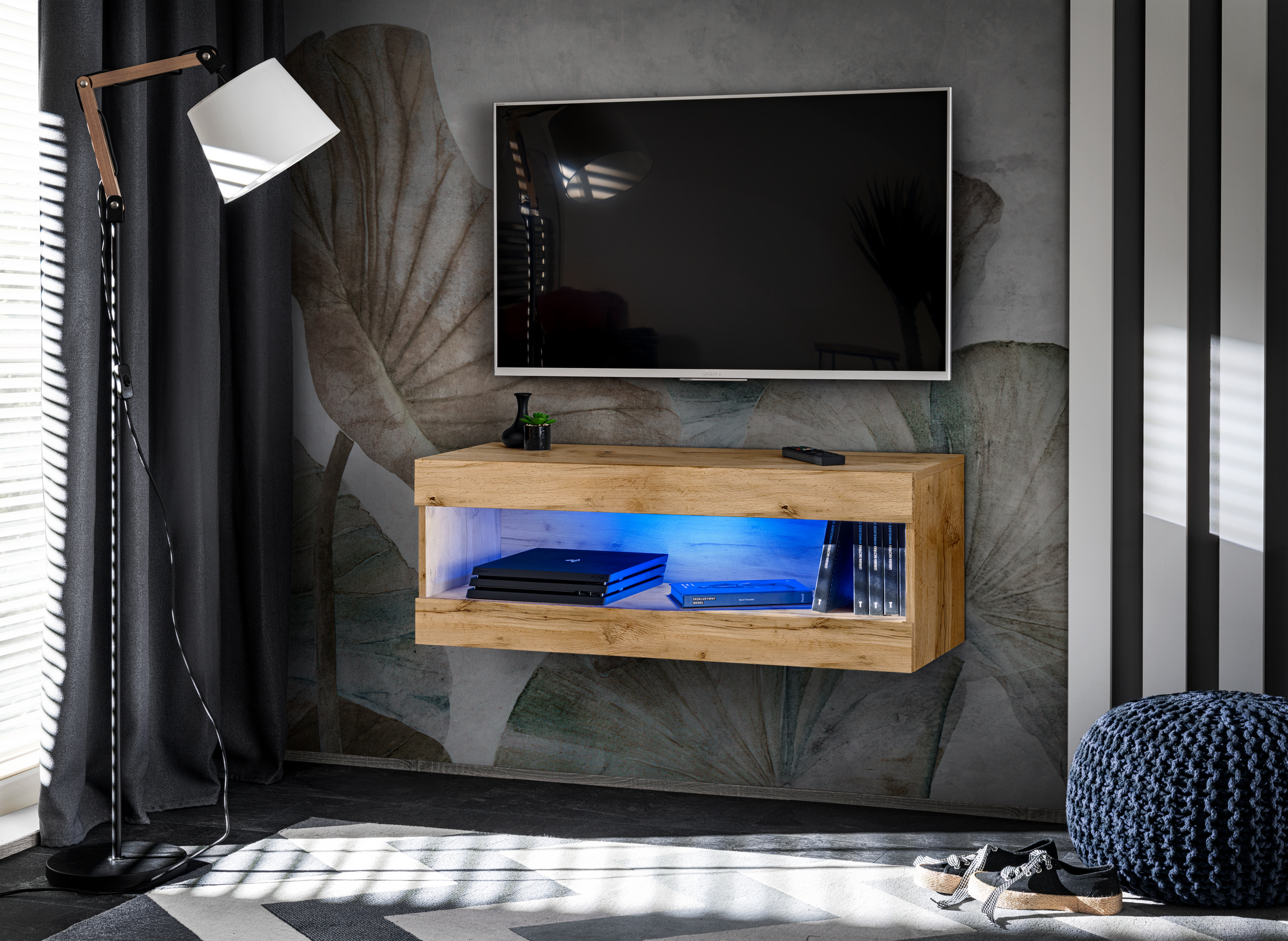 IRTVI044W044W04K1XXX_01-1.jpg Meuble TV, Tivoli RTV2, Wotan/Wotan, Largeur 100cm x Hauteur 36cm x Profondeur 35cm, LED Bleu, pour Salon, Chambre à coucher – Image 1