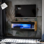Meuble TV, Tivoli RTV2, Wotan/Noir, Largeur 100cm x Hauteur 36cm x Profondeur 35cm, LED Bleu, pour Salon, Chambre