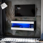 Meuble TV, Tivoli RTV2, Noir/Blanc, Largeur 100cm x Hauteur 36cm x Profondeur 35cm, LED Bleue, pour Salon, Chambre