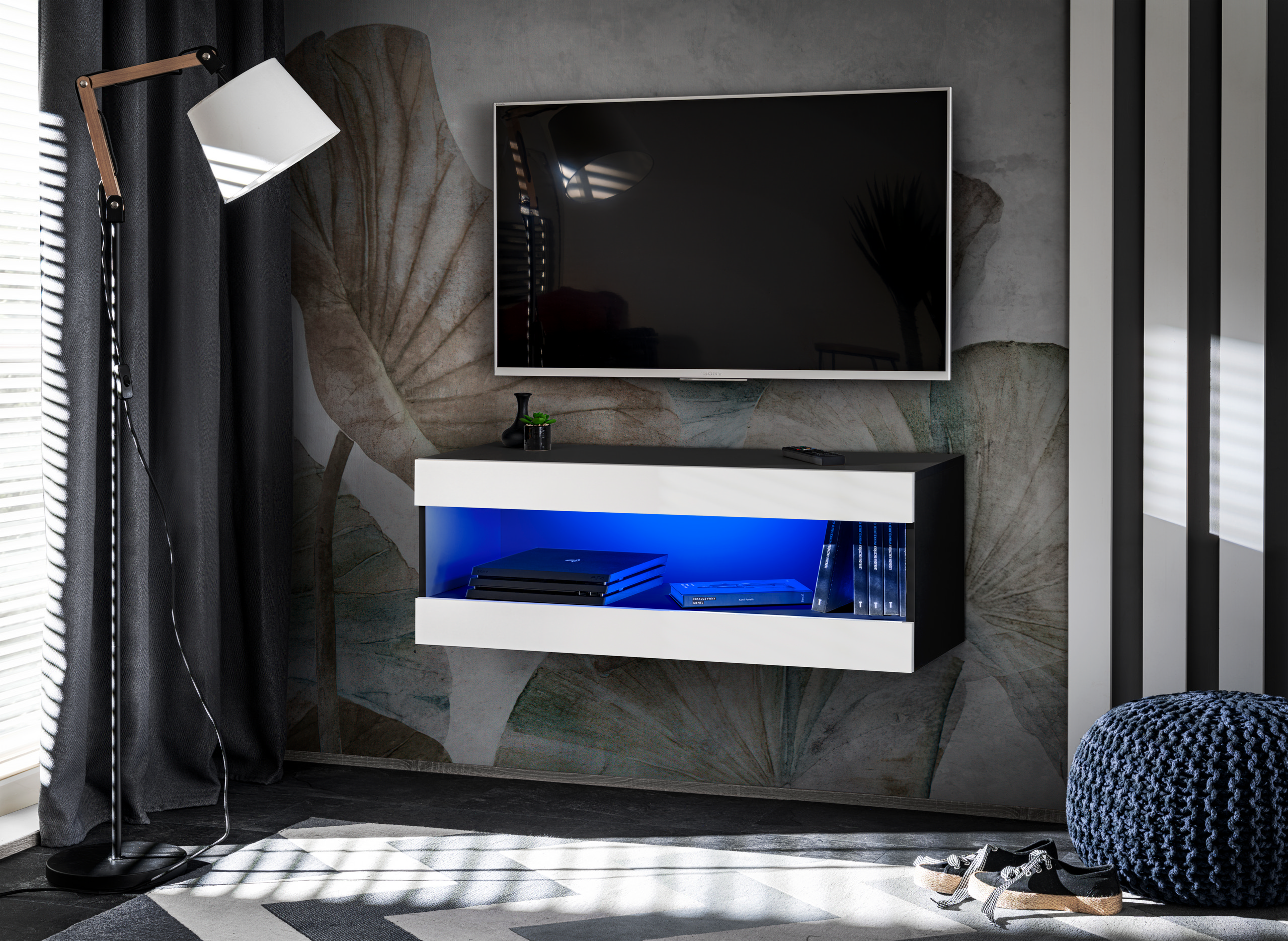 IRTVI0490000000K1XXX_01-1.jpg Meuble TV, Tivoli RTV2, Noir/Blanc, Largeur 100cm x Hauteur 36cm x Profondeur 35cm, LED Bleue, pour Salon, Chambre – Image 1