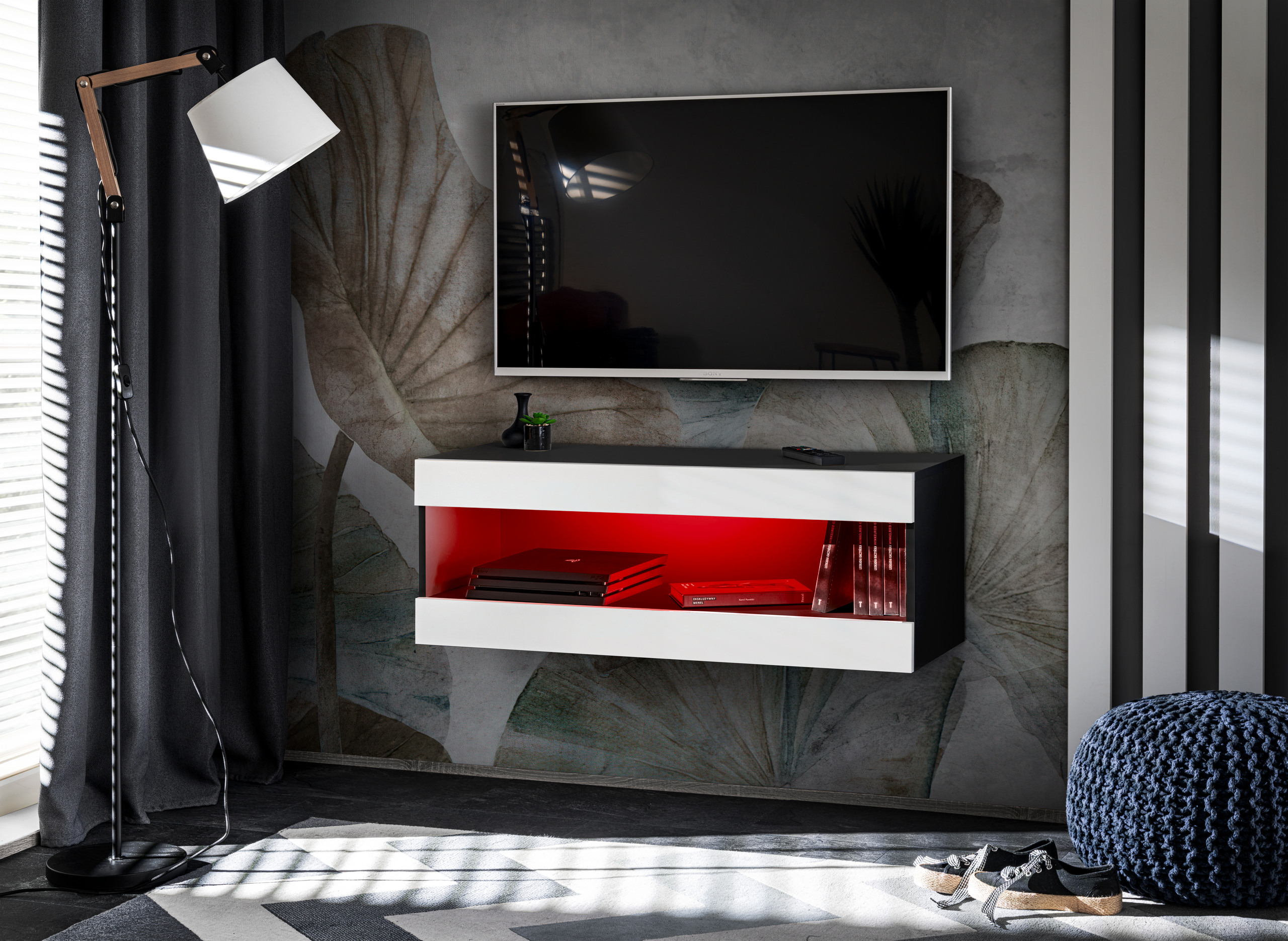 IRTVI0490000000KRXXX_01-1.jpg Meuble TV, Tivoli RTV2, Noir/Blanc, Largeur 100cm x Hauteur 36cm x Profondeur 35cm, LED RGB, pour Salon, Chambre à coucher – Image 1
