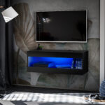 Meuble TV, Tivoli RTV2, Noir/Noir, Largeur 100 cm x Hauteur 36 cm x Profondeur 35 cm, LED Bleu, pour Salon, Chambre à coucher