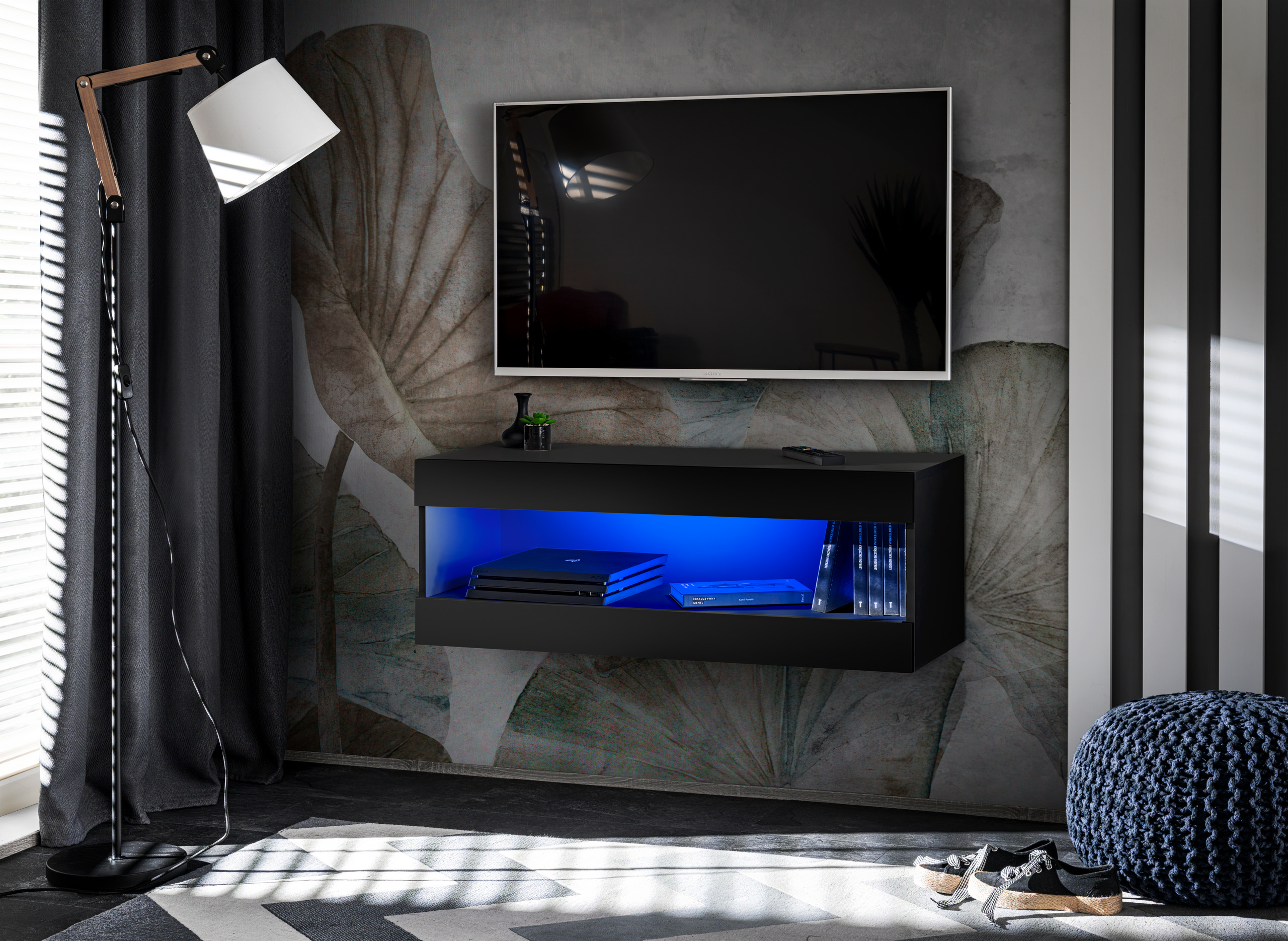 IRTVI0490009000K1XXX_01-1.jpg Meuble TV, Tivoli RTV2, Noir/Noir, Largeur 100 cm x Hauteur 36 cm x Profondeur 35 cm, LED Bleu, pour Salon, Chambre à coucher – Image 1