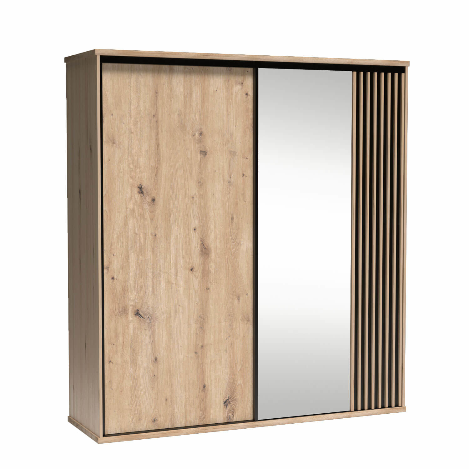 NAKUSPJAR000008_00-1.jpg Grande Armoire NAKUSP - Chêne - Lames - Miroir - Coulissante - 199 x 216 x 61 cm – Image 1