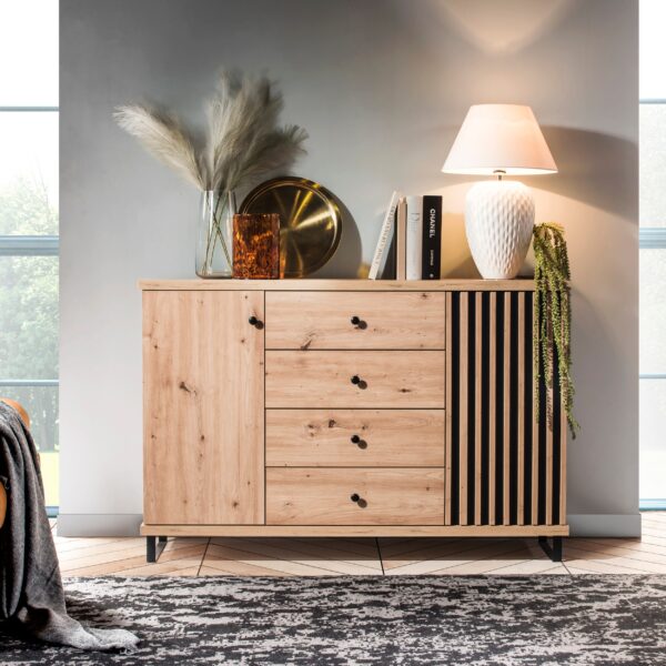 Commode NASKUP - Chêne - Lames - Tiroirs - Pieds en métal - 102 x 86 x 41 cm – Image 2