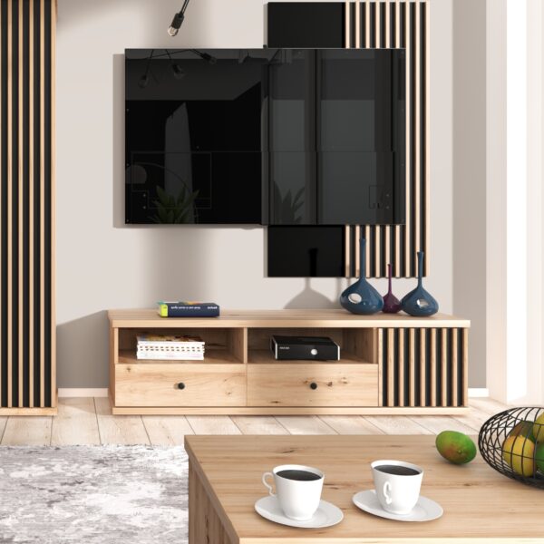 Meuble TV NAKUSP - Chêne - Lames - Tiroirs - 161 x 44 x 41 cm – Image 2