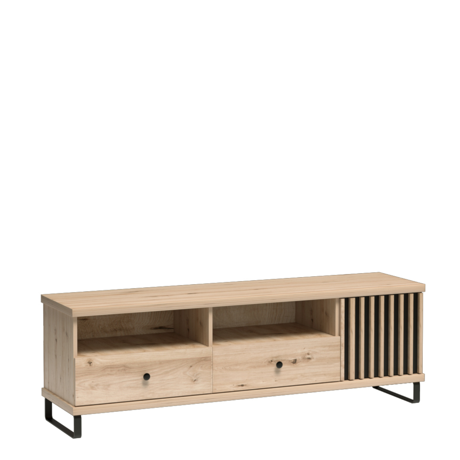 NAKUSPJAR000031_00-1.jpg Meuble TV NAKUSP - Chêne - Lattes - Tiroirs - Pieds en métal - 161 x 44 x 41 cm – Image 1