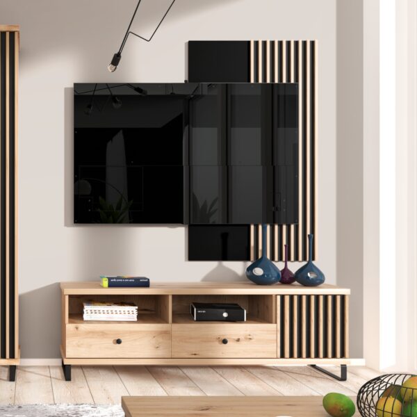 Meuble TV NAKUSP - Chêne - Lattes - Tiroirs - Pieds en métal - 161 x 44 x 41 cm – Image 2