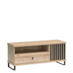 Meuble TV NAKUSP - Chêne - Lattes - Tiroir - Pieds en métal - 124 x 44 x 41 cm